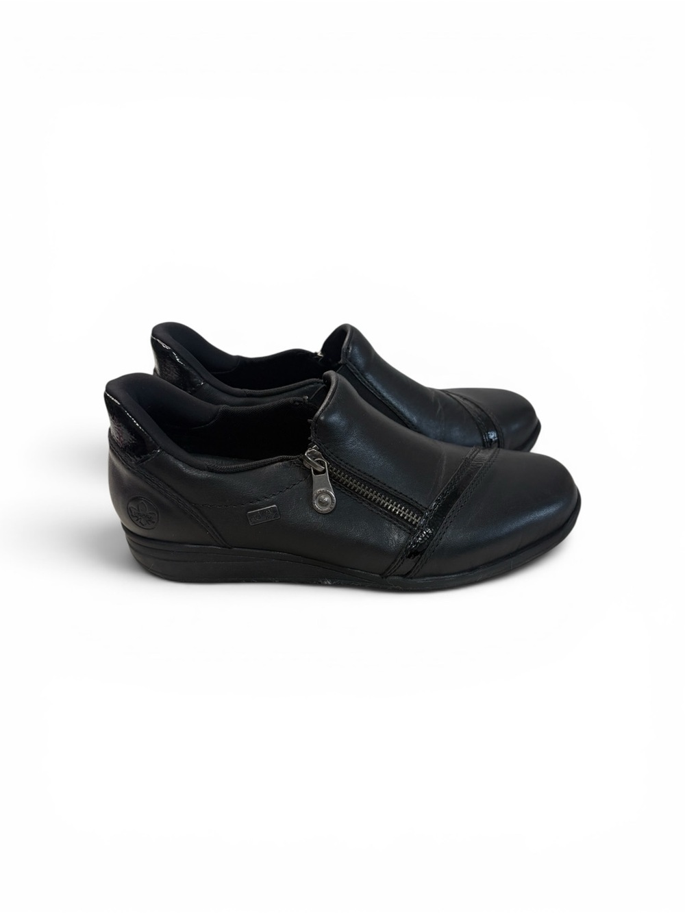(100)Rieker Black Leather Slip-On Zipper Loafers